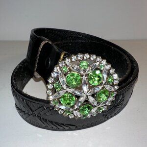 B-Low The Belt Black Leather Rhinestone Embossed Boho Belt Size 34 Floral Buckle